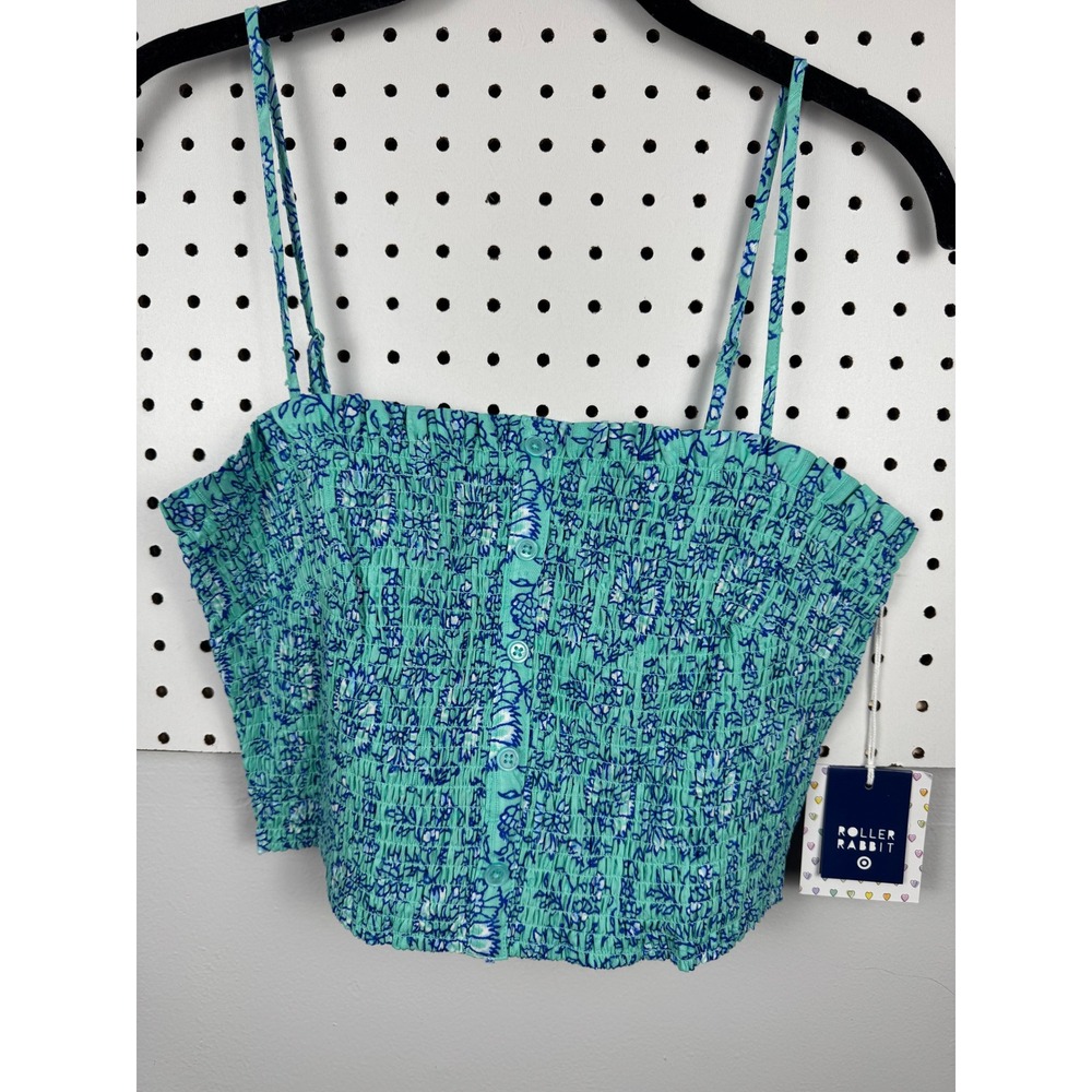 Roller Rabbit Target Teal Blue Floral Smocked Crop Tube Top Removable Straps M